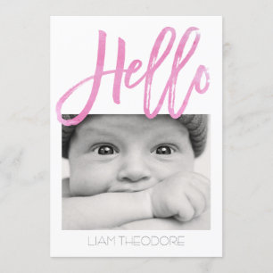 Hello Pink Watercolor 3-Photo Birth Announcement