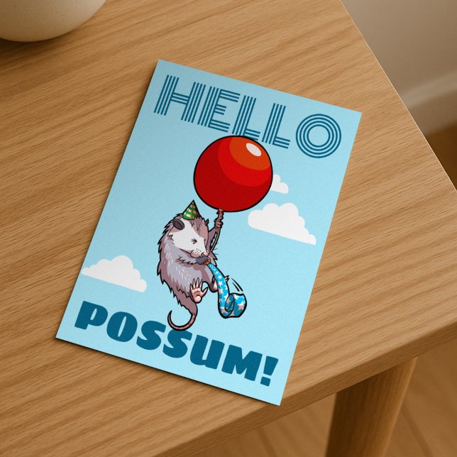 Hello Possum! Floating Party Opossum Red Balloon Postcard (Creator Uploaded)