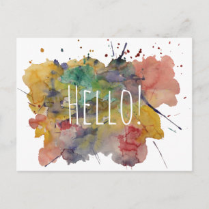 Hello Postcard with Colourful Watercolor Splashes