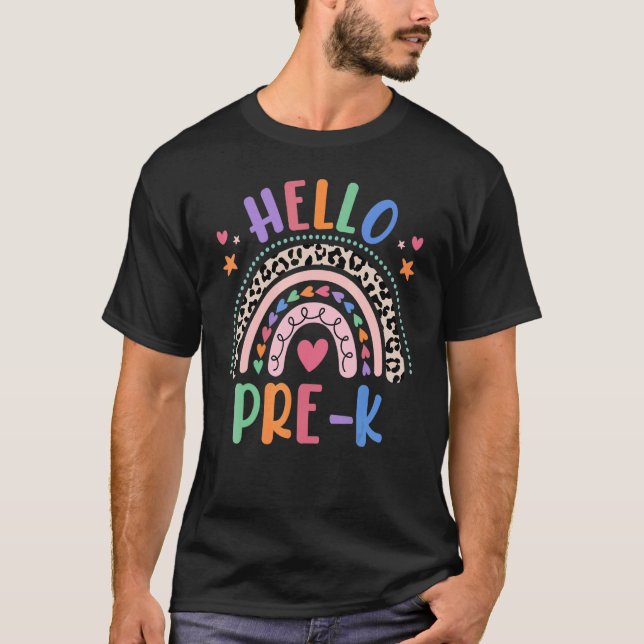 Hello Pre K Grade Leopard Boho Rainbow 1st Day Of  T-Shirt (Front)