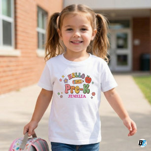 Hello Pre-K Retro Groovy Personalized Name Back To Baby T-Shirt