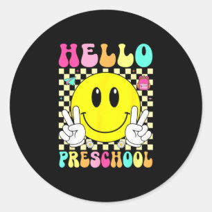 Hello preschool retro smile face back to school classic round sticker