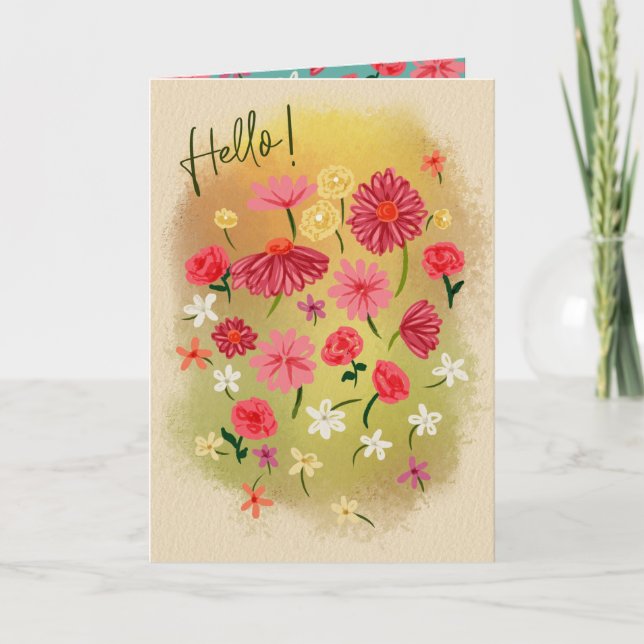 Hello! Pretty Little Hand Painted Pink Flowers Thank You Card (Front)