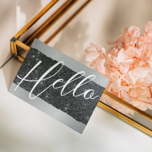Hello   Professional Modern Script Black Glitter Business Card