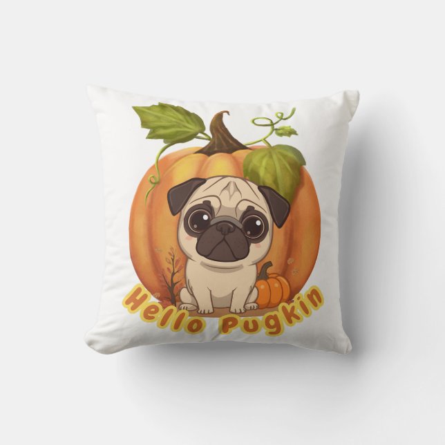 Hello Pugkin | Cute Halloween Pug Pumpkin Design Cushion (Front)