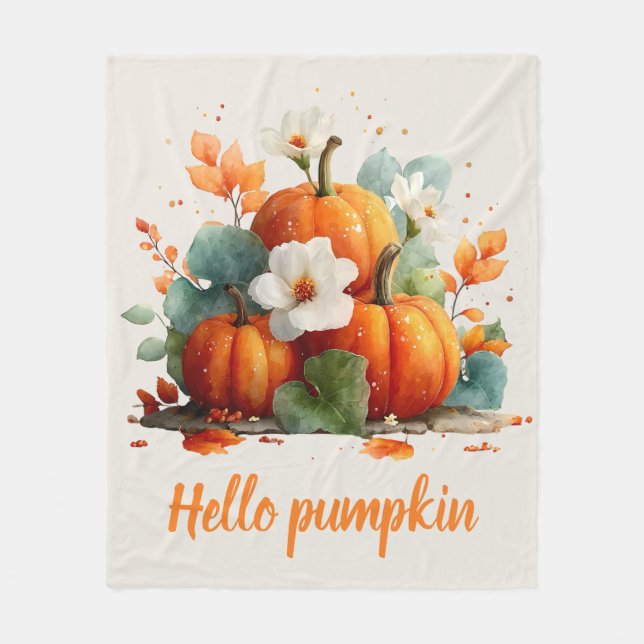 Hello Pumpkin Autumn Floral Design Fleece Blanket (Front)