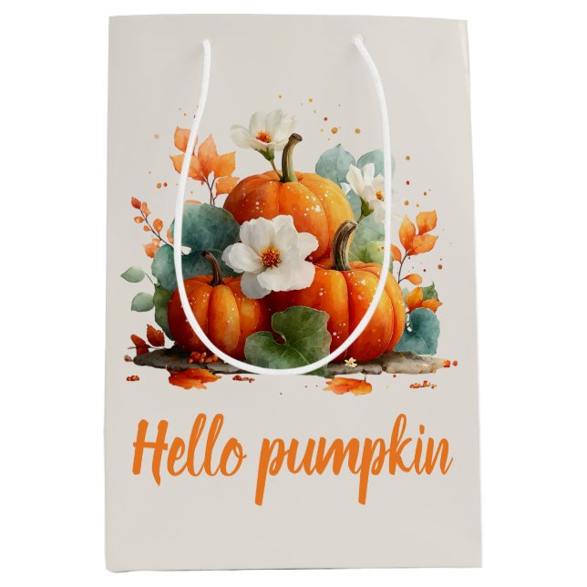 Hello Pumpkin Autumn Floral Design Medium Gift Bag (Front)