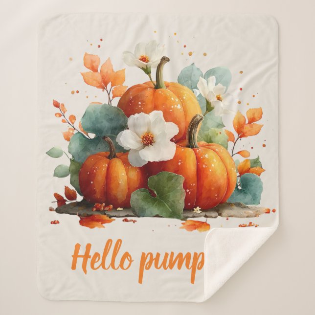 Hello Pumpkin Autumn Floral Design Sherpa Blanket (Front)