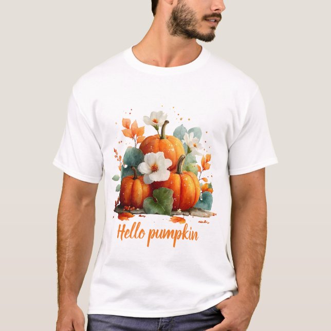 Hello Pumpkin Autumn Floral Design T-Shirt (Front)