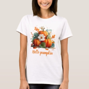 Hello Pumpkin Autumn Floral Design T-Shirt