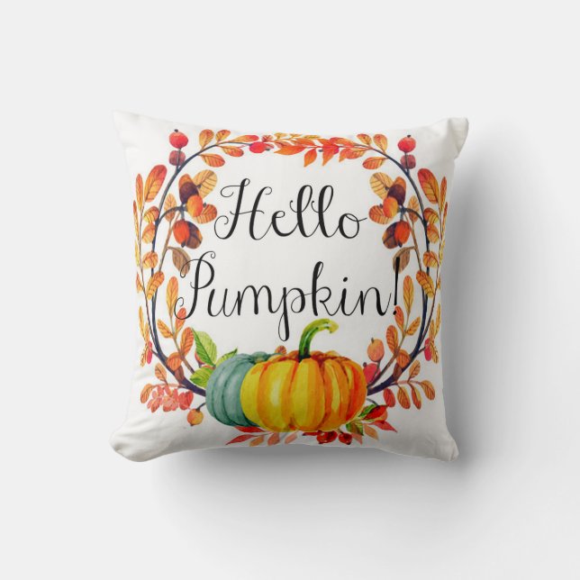 "Hello Pumpkin!" Autumn Wreath Throw Pillow (Front)