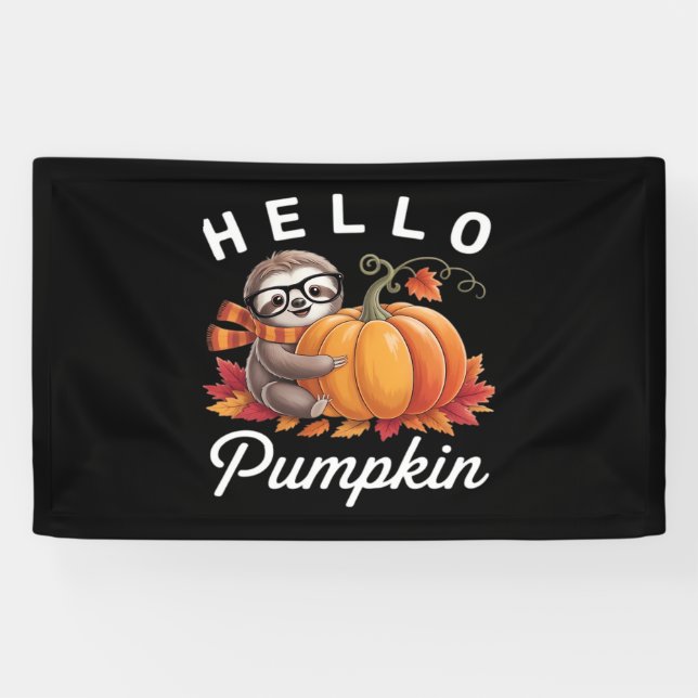 Hello Pumpkin - Cute Fall Sloth Autumn Leaves Foli Banner (Horizontal)