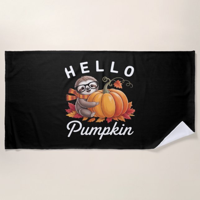 Hello Pumpkin - Cute Fall Sloth Autumn Leaves Foli Beach Towel (Front)