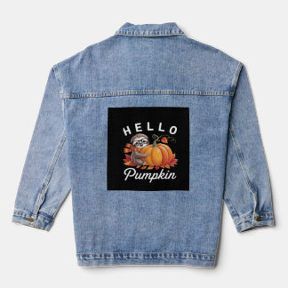 Hello Pumpkin - Cute Fall Sloth Autumn Leaves Foli Denim Jacket