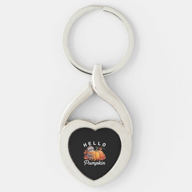 Hello Pumpkin - Cute Fall Sloth Autumn Leaves Foli Key Ring (Front)