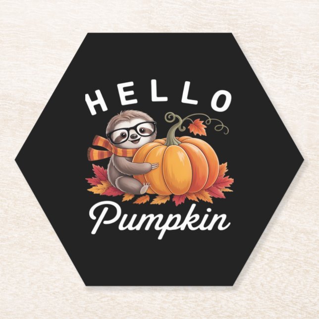 Hello Pumpkin - Cute Fall Sloth Autumn Leaves Foli Paper Coaster (Front)
