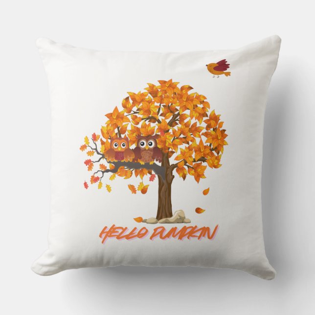 “Hello Pumpkin Fall Throw Pillow – Cosy Autumn Far (Front)