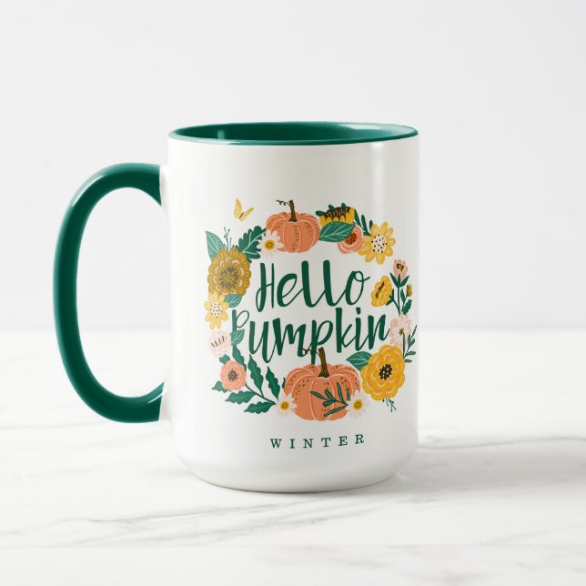 Hello Pumpkin Fall Wildflowers Butterfly Wreath Mug (Left)