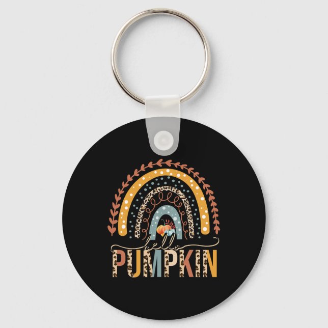 Hello Pumpkin Leopard Rainbow Autumn Season Fall V Key Ring (Front)