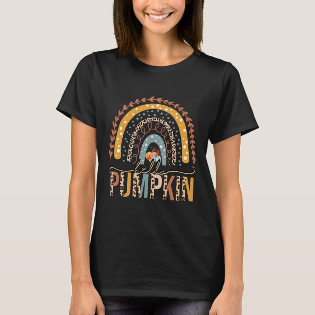 Hello Pumpkin Leopard Rainbow Autumn Season Fall V T-Shirt (Front)