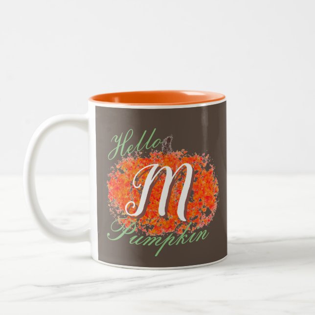 Hello Pumpkin Monogramed Pumpkin Two-Tone Coffee Two-Tone Coffee Mug (Left)