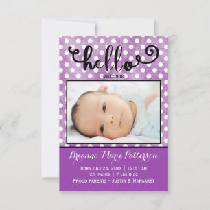 hello purple photo - 3x5 Birth Announcement