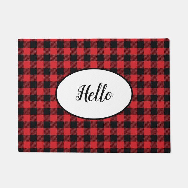 Hello Red Black Buffalo Check Plaid Doormat (Front)