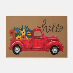 Hello Red Car With Flower Rug, Cute Mat Gift