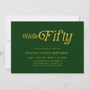 Hello Retro Green & Gold 50th Birthday Invitation
