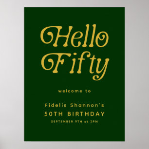 Hello Retro green &gold 50th Birthday Welcome Sign
