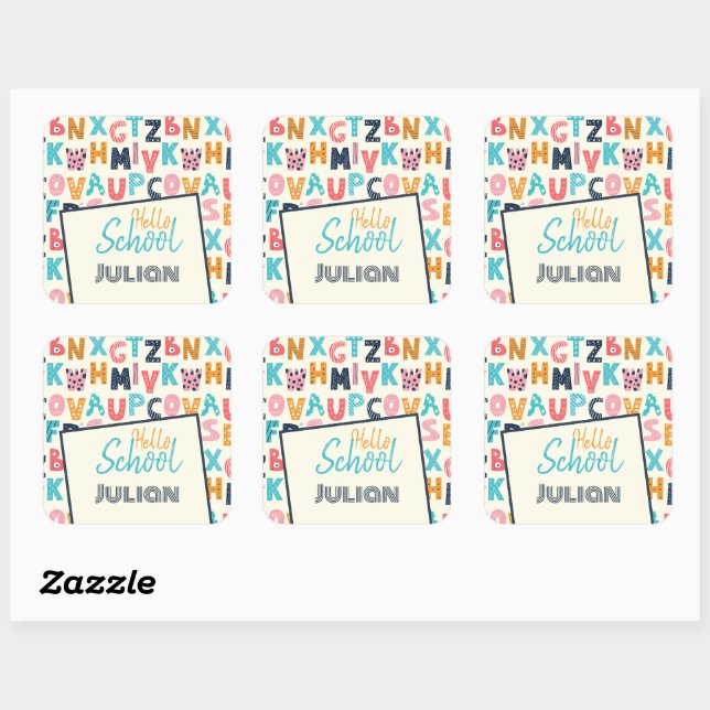 Hello School' Alphabet with Personalised name Square Sticker (Sheet)