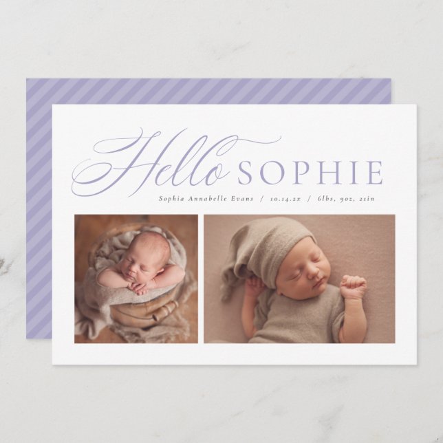 Hello script elegant two photo purple birth announcement (Front/Back)
