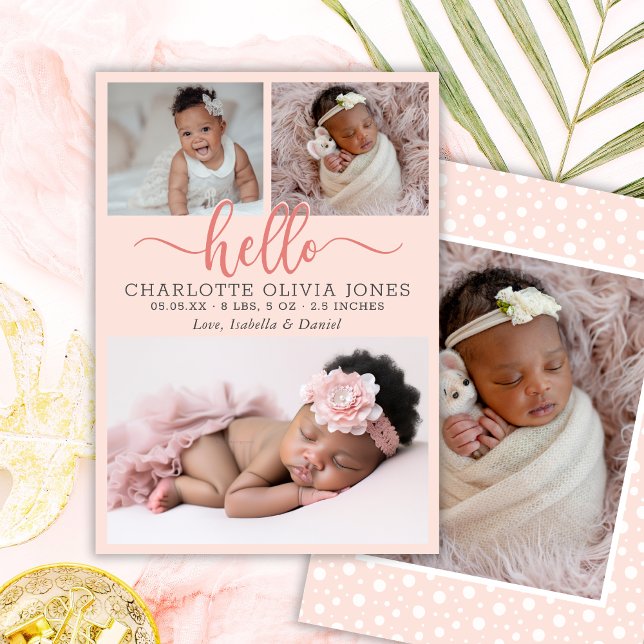Hello Script Girl Birth Photo Collage Announcement (Creator Uploaded)