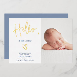 Hello script heart blue photo baby boy birth