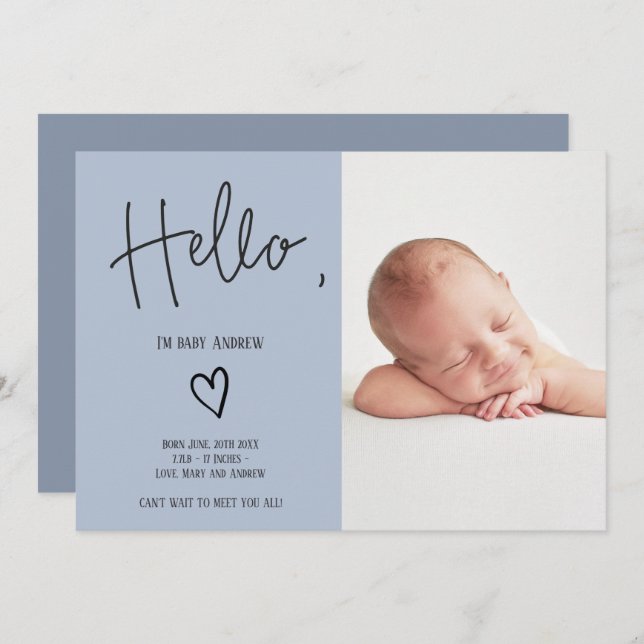 Hello script heart blue photo baby boy birth announcement (Front/Back)