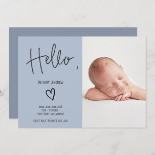 Hello script heart blue photo baby boy birth announcement