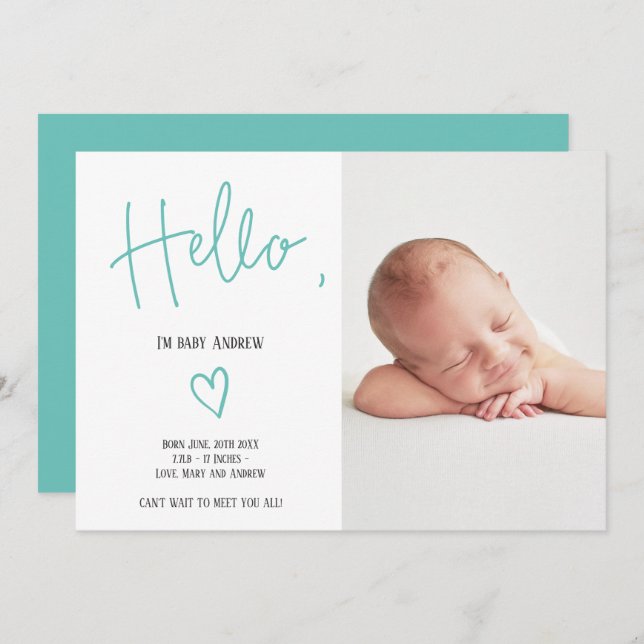 Hello script heart teal photo baby boy birth announcement (Front/Back)