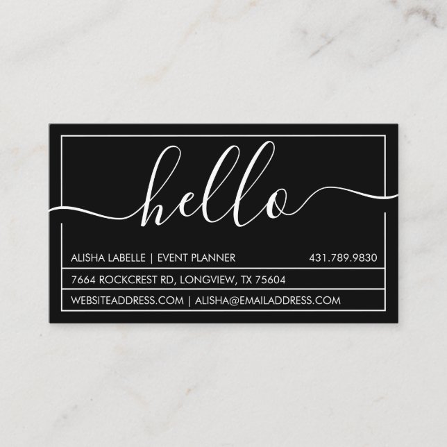 Hello Script | Modern & Stylish Minimal Black Business Card (Front)