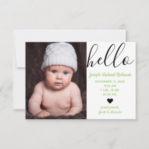 Hello Script Photo Green - 3x5  Birth Announcement