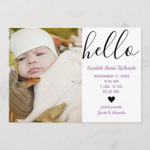 Hello Script Photo Purple - Birth Announcement