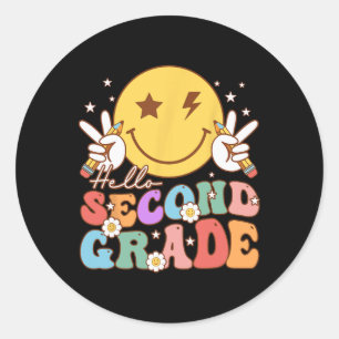Hello Second Grade Hippie Smile Face Vintage Back  Classic Round Sticker