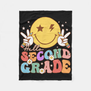 Hello Second Grade Hippie Smile Face Vintage Back Fleece Blanket