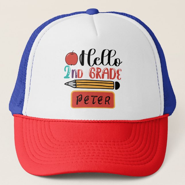 Hello Second Grade Personalized Back to School Fun Trucker Hat (Front)