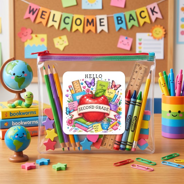 Hello Second Grade Retro Apple Square Sticker (Creator Uploaded)