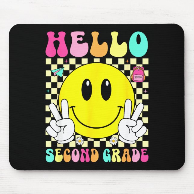 Hello second grade retro smile face back to school mouse mat (Front)
