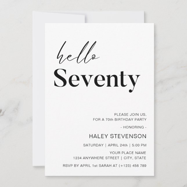 Hello Seventy Modern Chic minimalist 70th Birthday Invitation (Front)