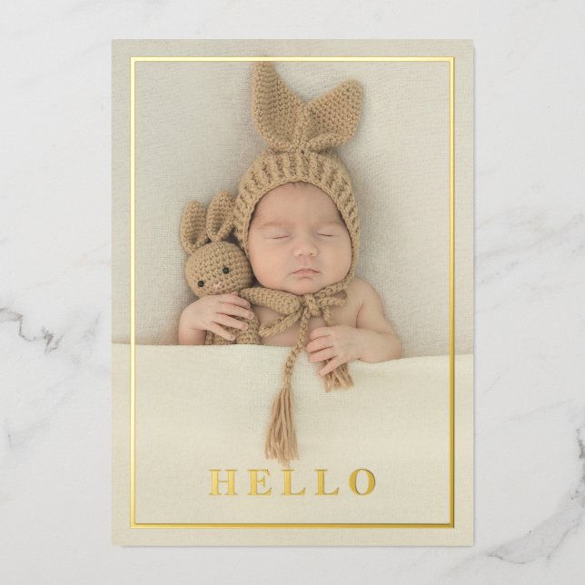 Hello Simple Gold Foil Photo Birth Announcement (Front)