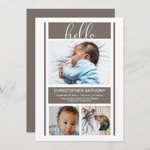 Hello Simple Minimalist Greige Baby Boy Birth  Ann Announcement