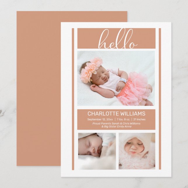 Hello Simple Minimalist Terracotta Baby Birth  Announcement (Front/Back)
