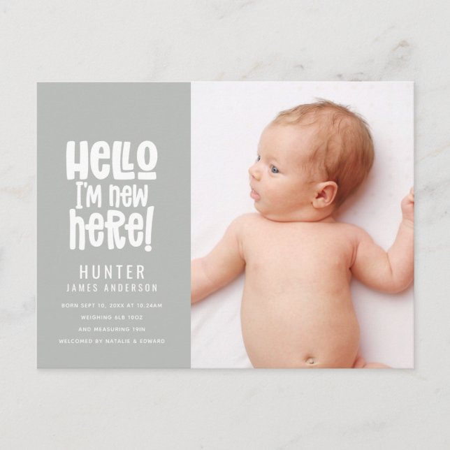 Hello, simple modern minimal photo birth holiday postcard (Front)